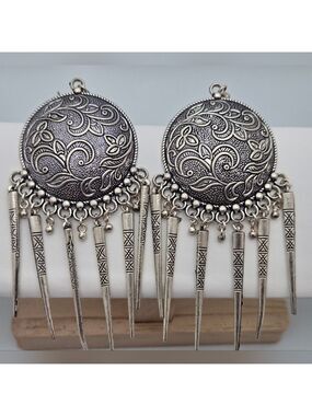 Large Oxidized Silver Ethnic Drop Earrings Engraved Spike Dangles Bold Statement